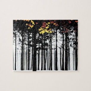 Herfst Kleur Splashes op Zwarte Silhouet Bomen Legpuzzel