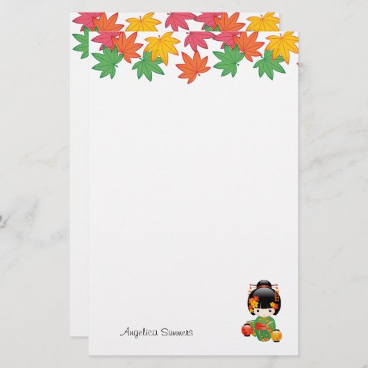 Herfst Kokeshi Doll - Green Kimono Geisha Girl Briefpapier (Voorkant / Achterkant)