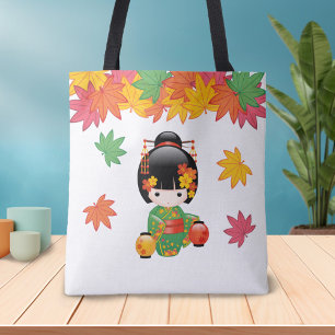 Herfst Kokeshi Doll - Green Kimono Geisha Girl Draagtas