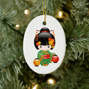 Herfst Kokeshi Doll - Green Kimono Geisha Girl Keramisch Ornament