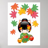 Herfst Kokeshi Doll - Green Kimono Geisha Girl Poster (Voorkant)