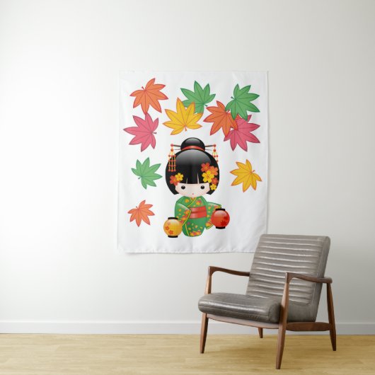 Herfst Kokeshi Doll - Green Kimono Geisha Girl Wandkleed (In situ)