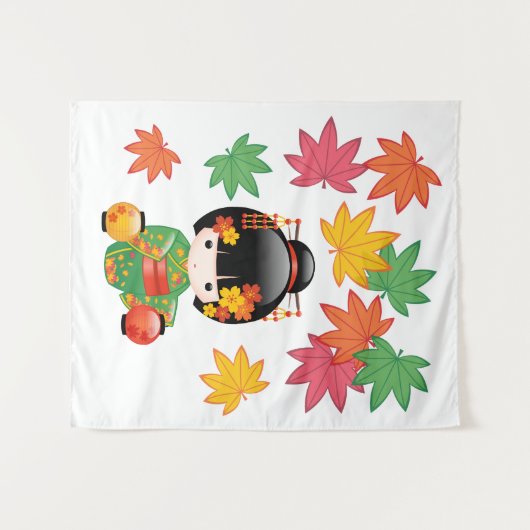 Herfst Kokeshi Doll - Green Kimono Geisha Girl Wandkleed (Voorkant (horizontaal))