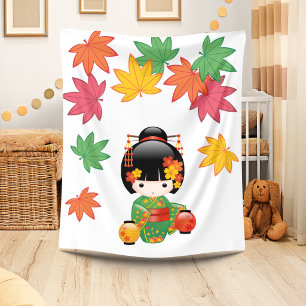 Herfst Kokeshi-pop - Geisha-meisje in groene kimon Fleece Deken