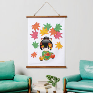 Herfst Kokeshi-pop - Geisha-meisje in groene kimon Hangend Wandkleed
