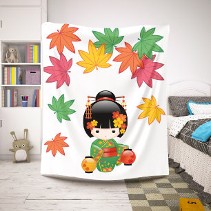 Herfst Kokeshi-pop - Geisha-meisje in groene kimon Sherpa Deken