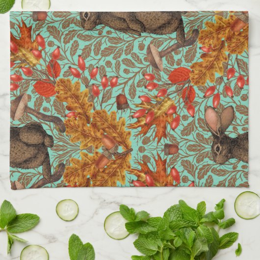 Herfst konijn op lichtgroen theedoek (Gevouwen)