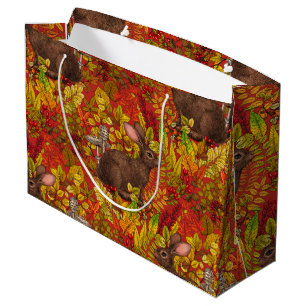Herfst Konijn op rood Groot Cadeauzakje