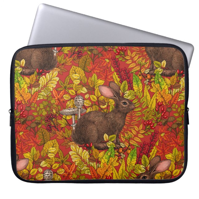 Herfst Konijn op rood Laptop Sleeve (Voorkant)