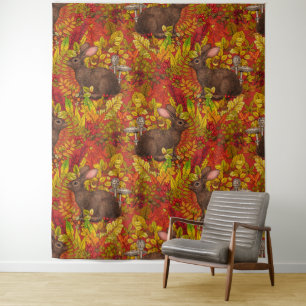 Herfst Konijn op rood Wandkleed