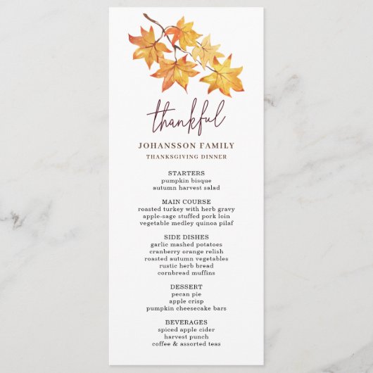 HERFST LAAT DANKBARE THANKSGIVING DINER MENU (Voorkant)