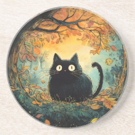 Herfst laat gezellige herfst zwarte kat in de magi zandsteen onderzetter
