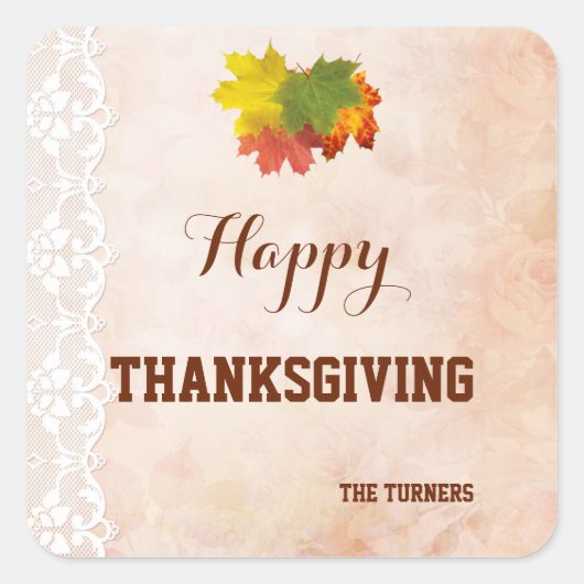Herfst Lace Happy Thanksgiving Monogram Vierkante Sticker (Voorkant)