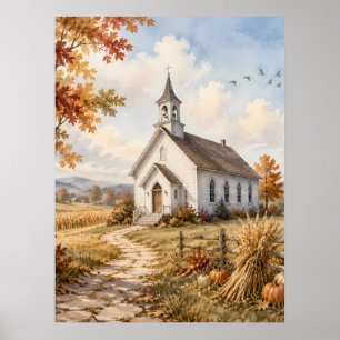 Herfst Landelijke Kerk Waterverf Landschap Poster