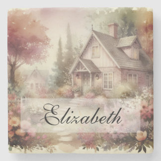  Herfst Landschap huisje tuin bladeren bloemig Stenen Onderzetter