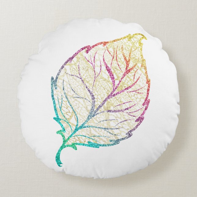 Herfst Leaf Elegant Schattig Pastel Roze blauwgroe Rond Kussen (Voorkant)