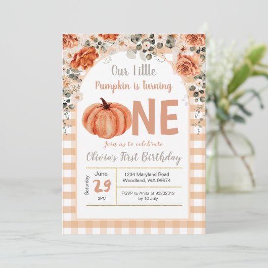 Herfst Little Pumpkin draait een 1e verjaardag Kaart (Staand voorkant)