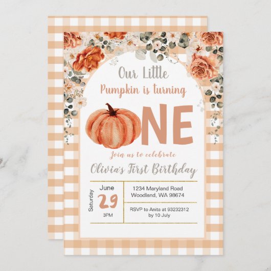 Herfst Little Pumpkin draait een 1e verjaardag Kaart (Voorkant / Achterkant)