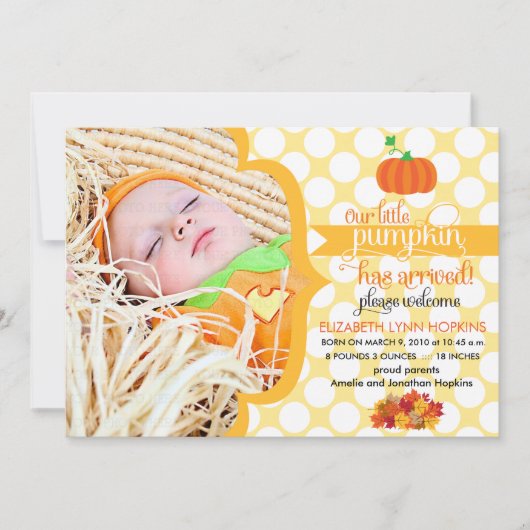 Herfst Little Pumpkin Photo Birth Announding Aankondiging (Voorkant)