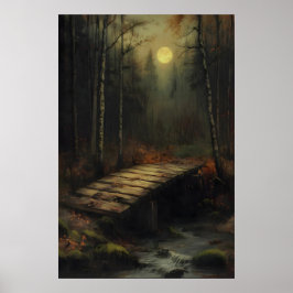 Herfst Maanverlichte Bosbrug Rustieke Bosgrond Kun Poster