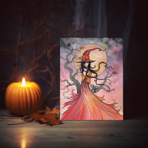 Herfst Magic Witch en Kat Fantasie Halloween Art Feestdagenkaart