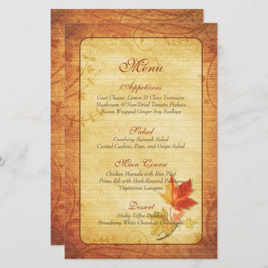 Herfst Maple Leaves Wedding Menu Kaart (Voorkant / Achterkant)