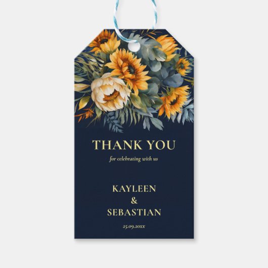 Herfst marineblauw rustieke zonnebloem bruiloft cadeaulabel (Voorkant)