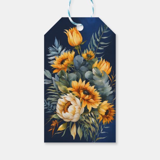 Herfst marineblauw rustieke zonnebloem bruiloft cadeaulabel (Achterkant)