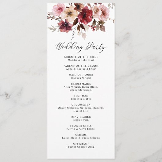 Herfst Maroon Blush Boho Floral Wedding Flat Progr Programma (Achterkant)