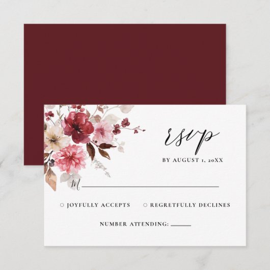Herfst Maroon Blush Rustieke Bloemen Huwelijk RSVP Kaartje (Voorkant / Achterkant)