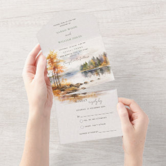 Herfst meer en bos Alles in een bruiloft uitnodige All In One Uitnodiging