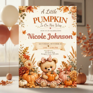 Herfst Meisje Baby Shower Kleine Pompoen Teddybeer Kaart
