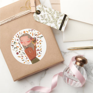 Herfst Meisje Herfstbloemen en bladeren Tekening Ronde Sticker