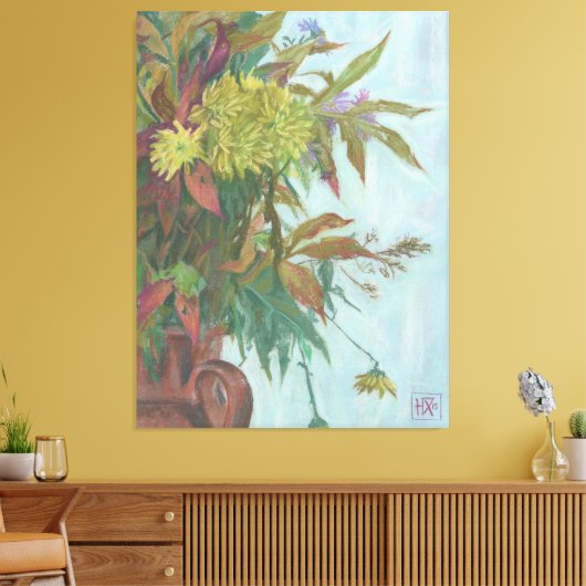 Herfst met chrysanthemum en herfstblad canvas afdruk (Insitu (Woonkamer))