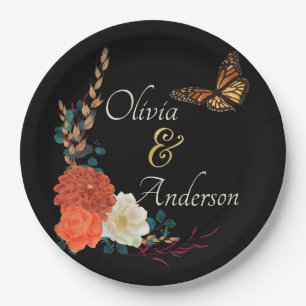Herfst Monarch Butterfly Bloemen Zwart Huwelijk Papieren Bordje