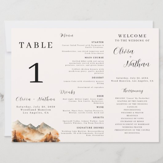 Herfst Mountain Tri-Fold Wedding Menu Tafelnummer (Voorkant)