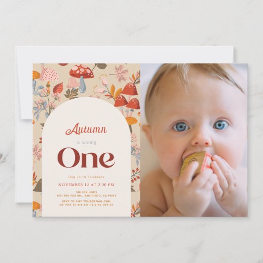Herfst Mushroom Wildflower 1e Verjaardag Tan Foto Kaart (Voorkant)