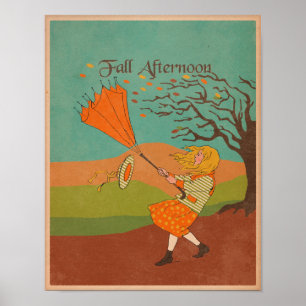 Herfst Naherfst Wind Girl met paraplu Poster