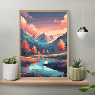 Herfst Natuur Landschap Rivier Berg En Bomen Poster