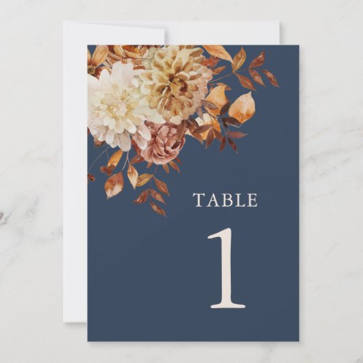 Herfst Navy Blue Table Number Kaart (Voorkant)