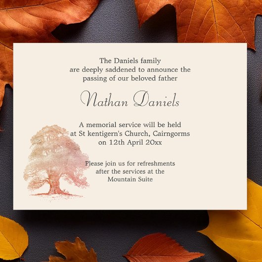 Herfst Oak Tree Funeral Announcement Kaart