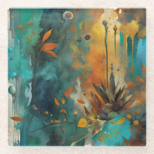 Herfst Oogst Blauwgroen Roest Goud Abstract Glazen Onderzetter