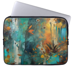 Herfst Oogst Blauwgroen Roest Goud Abstract Laptop Sleeve