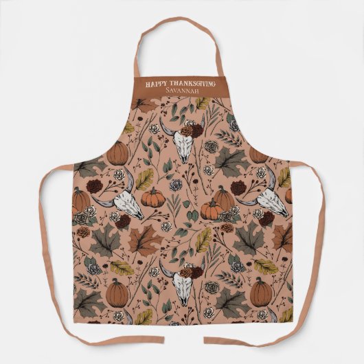 Herfst Oogst Koe Schedel Pompoen Bladeren Thanksgi Schort (Voorkant)