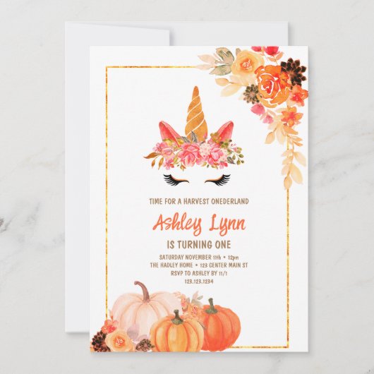 Herfst Oogst Pompoen Eenhoorn 1e verjaardag Kaart (Voorkant)