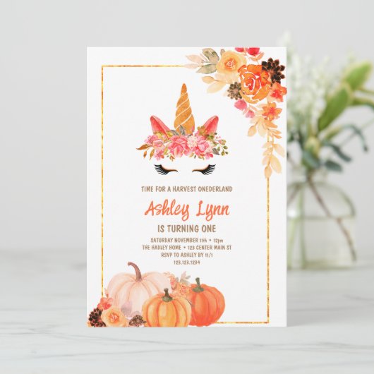 Herfst Oogst Pompoen Eenhoorn 1e verjaardag Kaart (Staand voorkant)