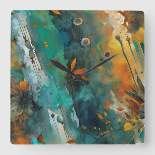 Herfst oogstverf Blauwgroen Rust Gold Abstract Vierkante Klok