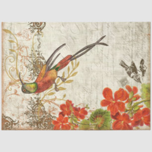 Herfst Oranje Floral Foliage Bird Script Decoupage Tissuepapier