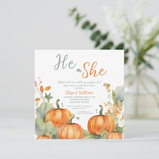 Herfst Oranje pompoen Hij of zij Gender Reveal Kaart (Staand voorkant)
