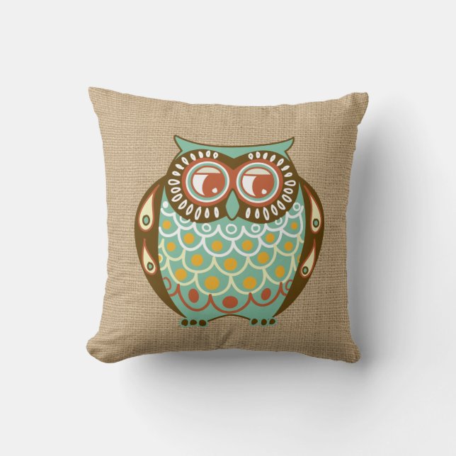 Herfst Owl op faux Burlap Pillow Kussen (Voorkant)
